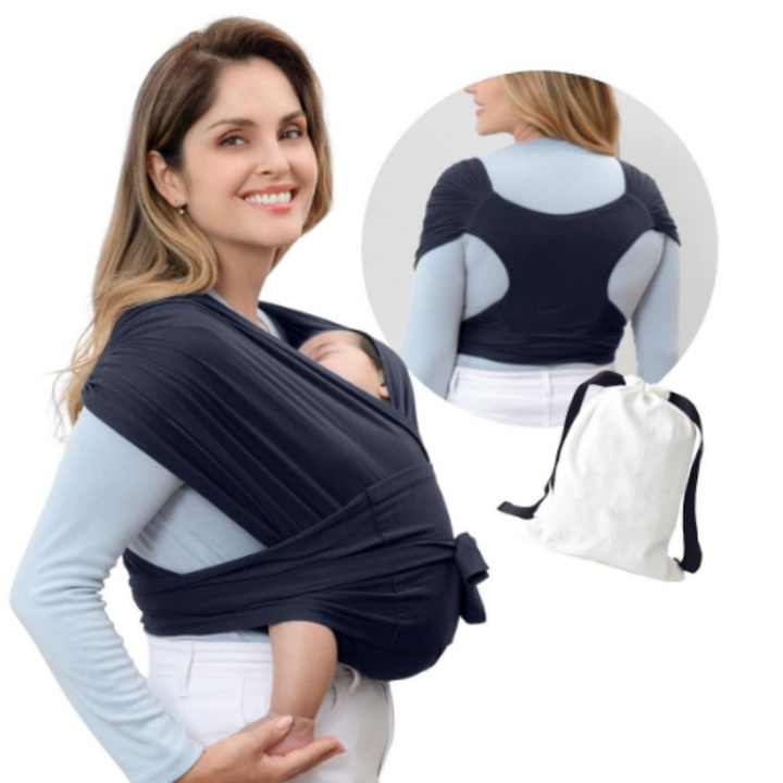 Navy blue baby carrier worn over both shoulders, with a back view and drawstring pouch