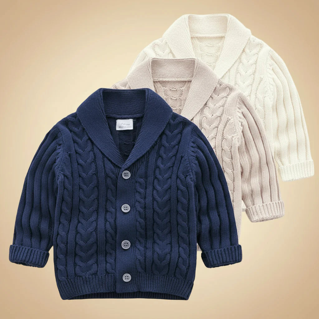Navy, beige, and ivory cable-knit baby cardigans with collars and button fronts