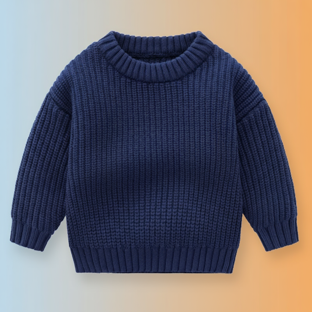 Navy blue knit sweater with long sleeves and a ribbed round neckline.