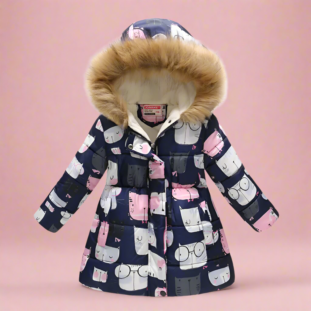Navy quilted coat with pink and white cartoon animals and fluffy hood trim