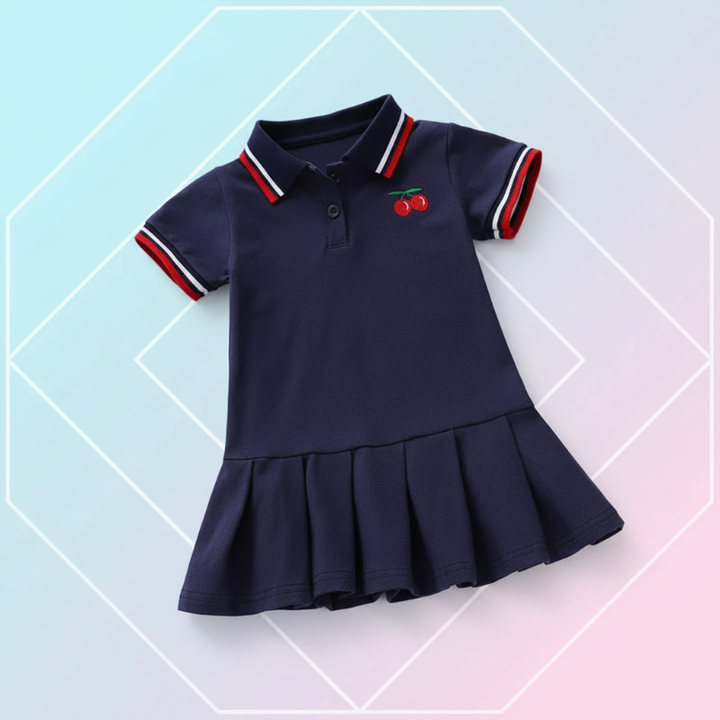Front view of the navy blue cherry polo dress with contrast-striped trim and a pleated skirt.