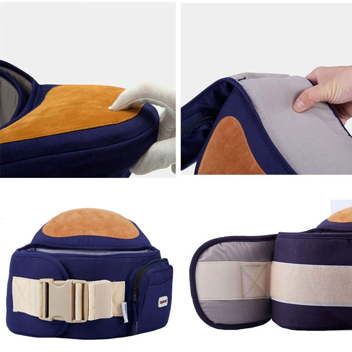 Close-ups of a navy hip carry seat showing the seat padding, waist buckle, and belt lining