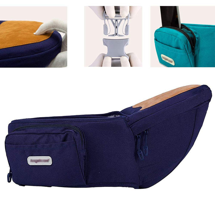 Navy hip carry seat with close-ups of the seat surface, buckle, and zippered pocket