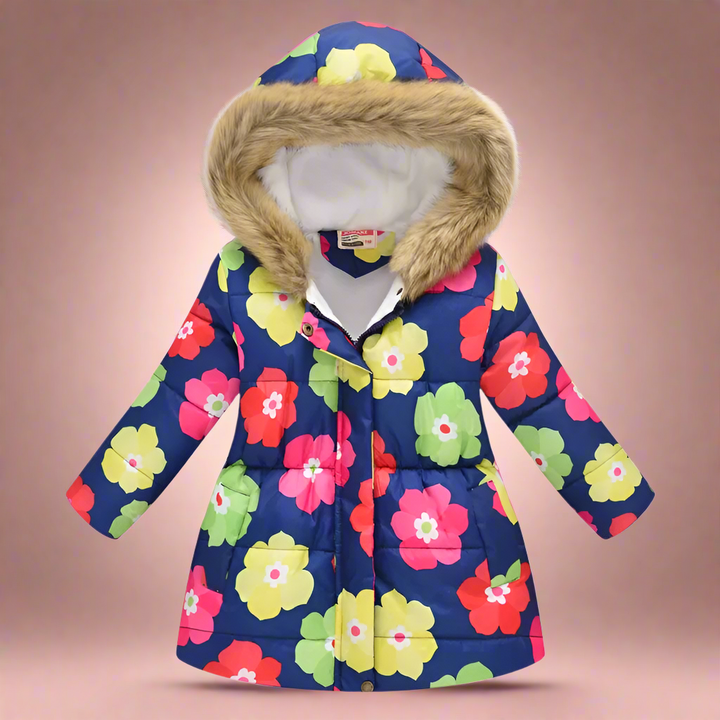 Navy hooded winter coat with large red, pink, and yellow flowers and fluffy trim