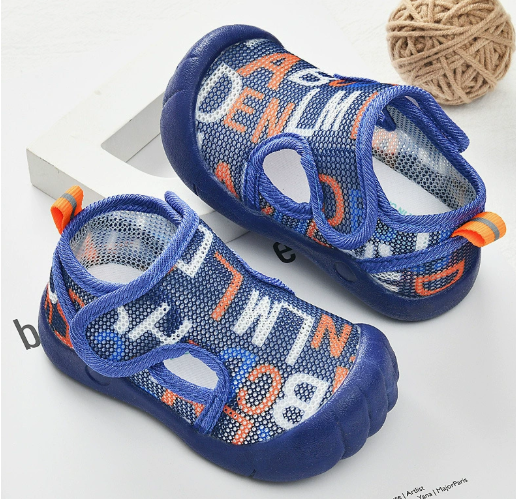 Navy mesh sandals with orange and white letter prints and navy soles