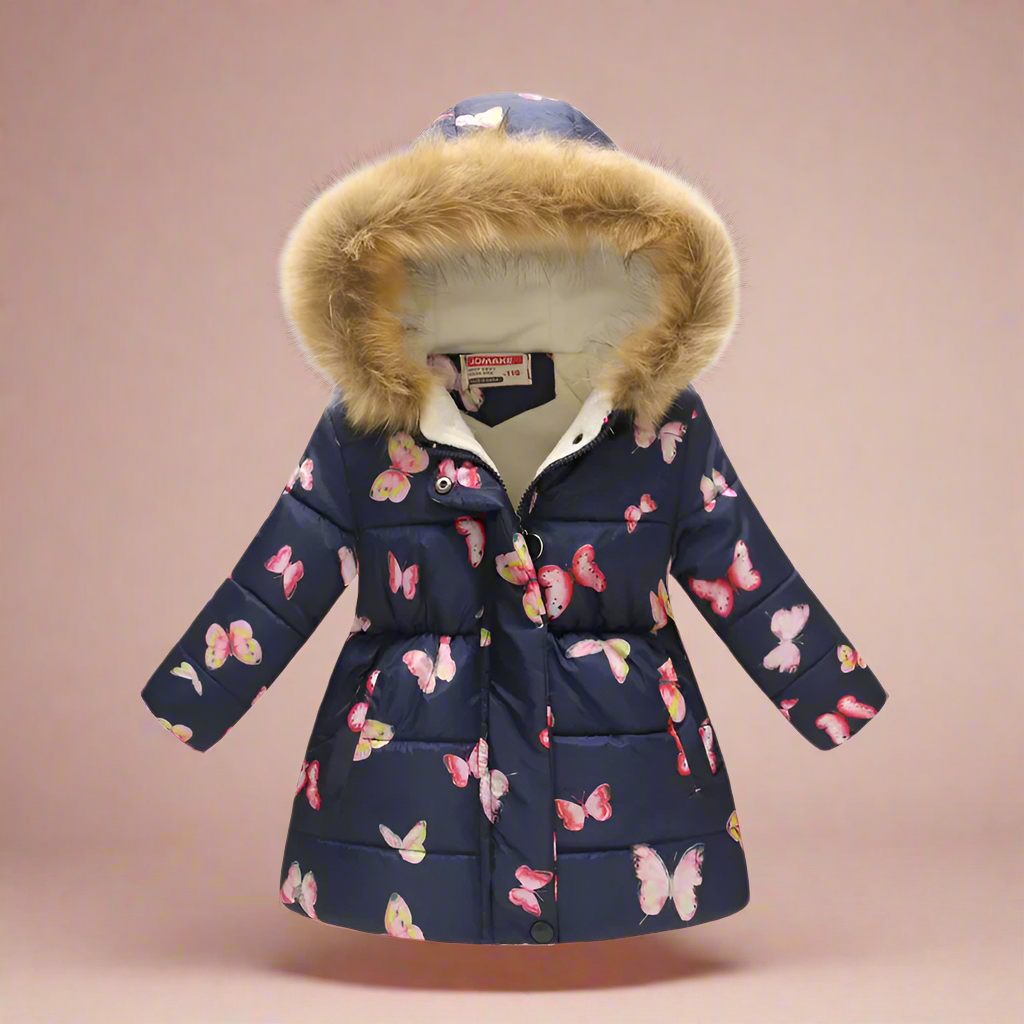 Navy quilted coat with pink butterfly print and fluffy hood trim
