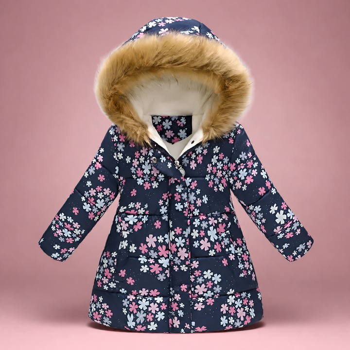 Navy hooded coat with small pink and white flowers and fluffy hood trim