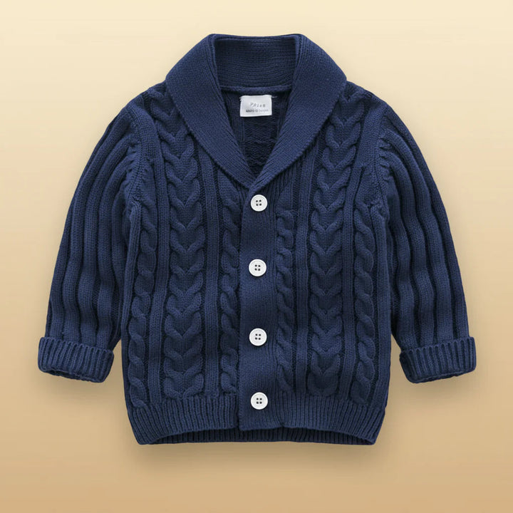 Navy cable-knit baby cardigan with a V-neck collar, four buttons, and ribbed cuffs