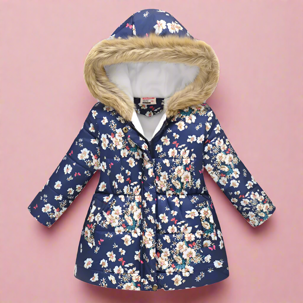 Navy winter coat with a small multicolored floral print and fluffy hood trim