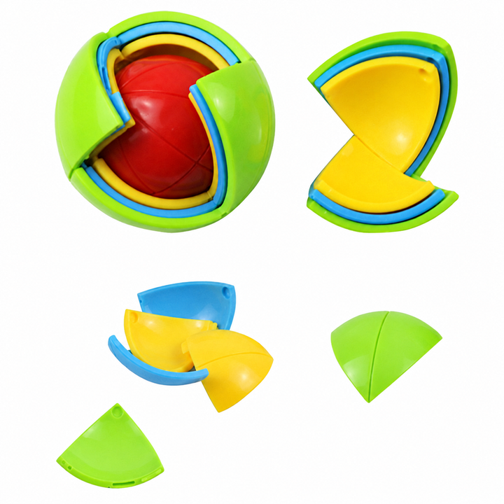 Layered ball puzzle with separated curved sections and a red center