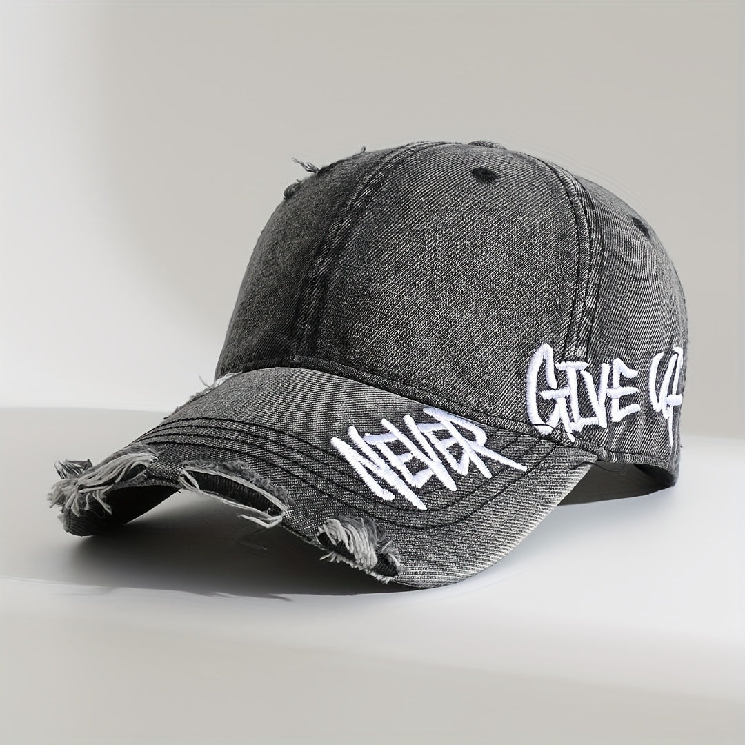 Never Give Up Distressed Denim Cap (Black ) - | Zavonix