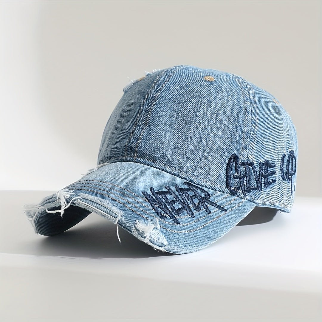Never Give Up Distressed Denim Cap (Black ) - | Zavonix