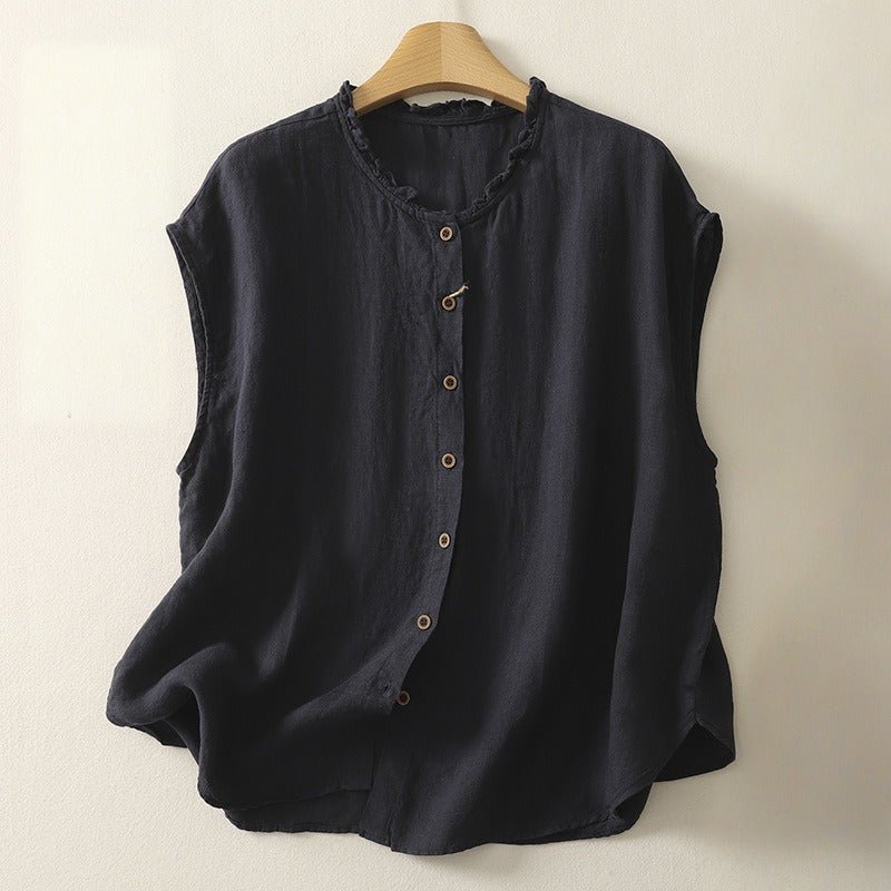 NINA LINEN SLEEVELESS VEST (Navy Blue XS) - | Zavonix