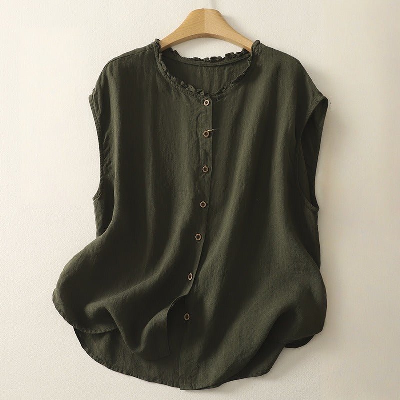 NINA LINEN SLEEVELESS VEST (Olive Green XS) - | Zavonix