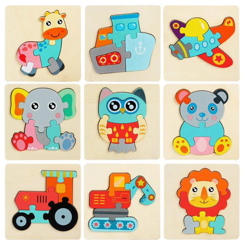 Nine animal and vehicle wooden jigsaw puzzle designs arranged in a grid