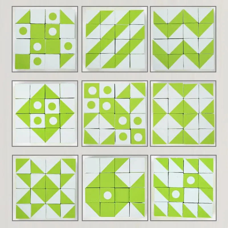Nine geometric patterns made with green and white wooden puzzle blocks