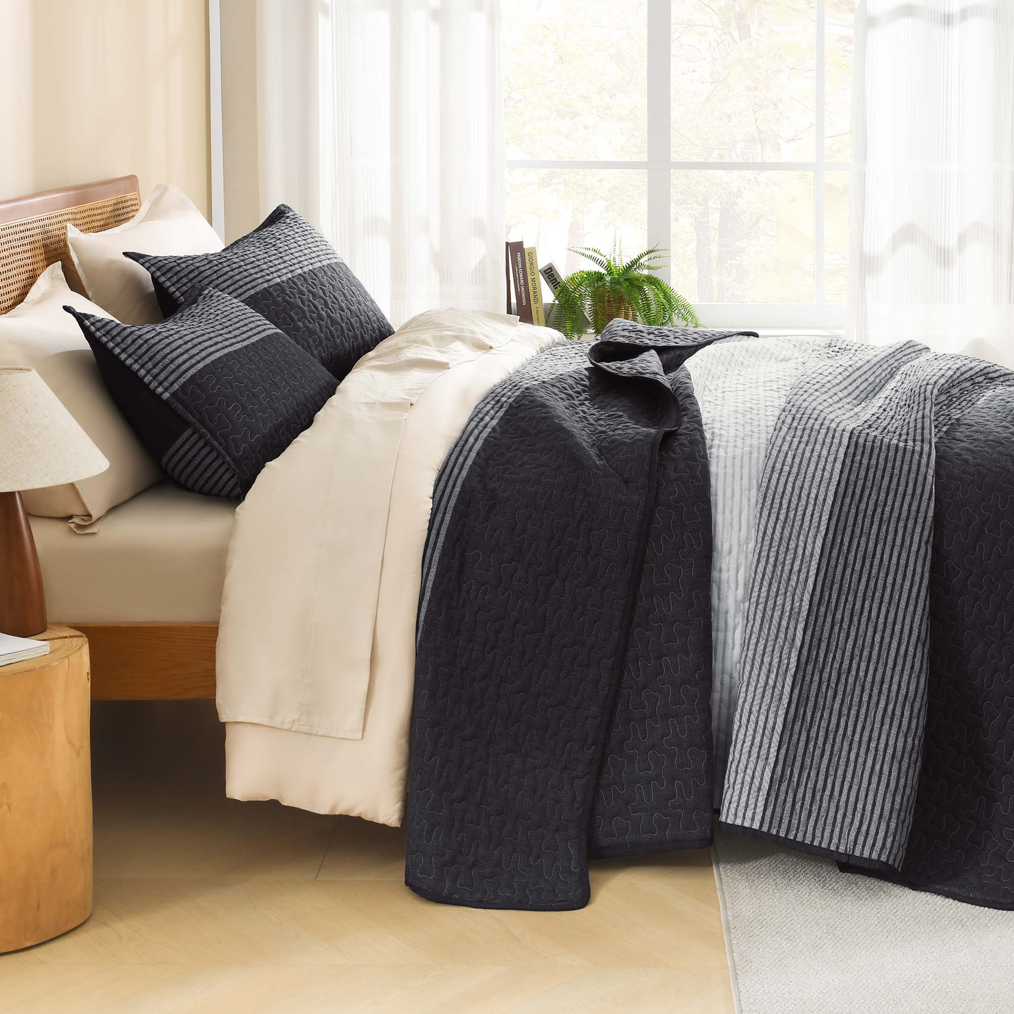 NoirZen Quilt Set – Black and White Striped All-Season Comfort with Plush Softness 4