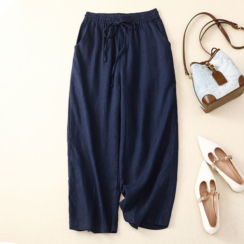 Nolari — Relaxed Cotton - Linen Harem Pants with Gathered Waist (Navy Blue XS) - | Zavonix