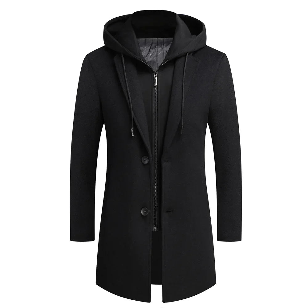 Norla — Wool Blend Trench Coat with Detachable Hoodie (Black S) - | Zavonix