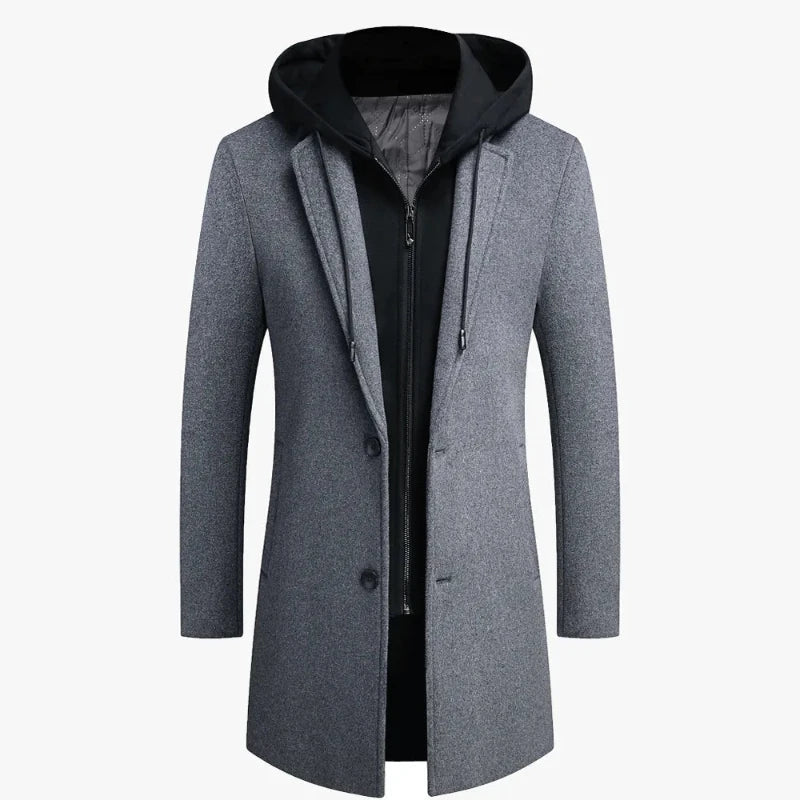 Norla — Wool Blend Trench Coat with Detachable Hoodie (Gray S) - | Zavonix