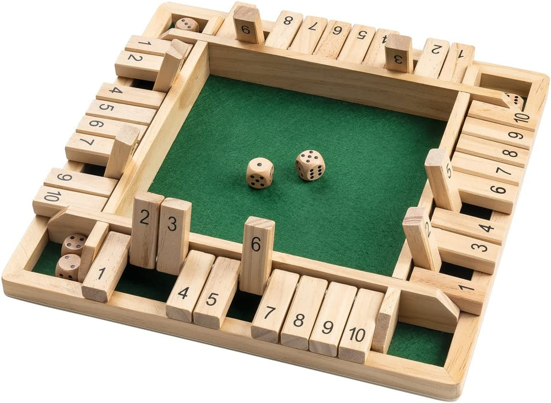 Wooden addition board game with four rows of numbered flaps and dice on a green playing surface