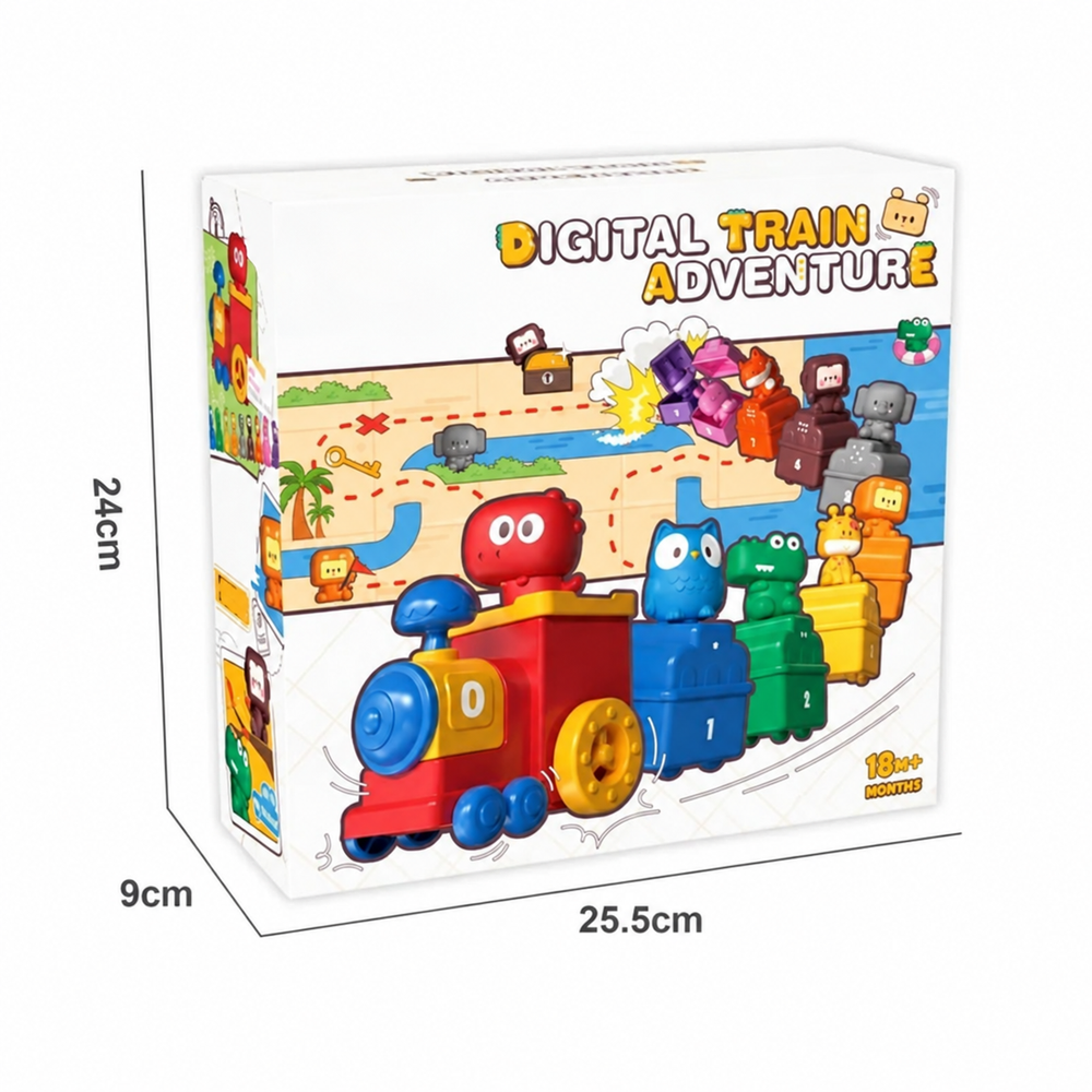 Number train packaging with dimensions of 25.5 x 24 x 9 cm