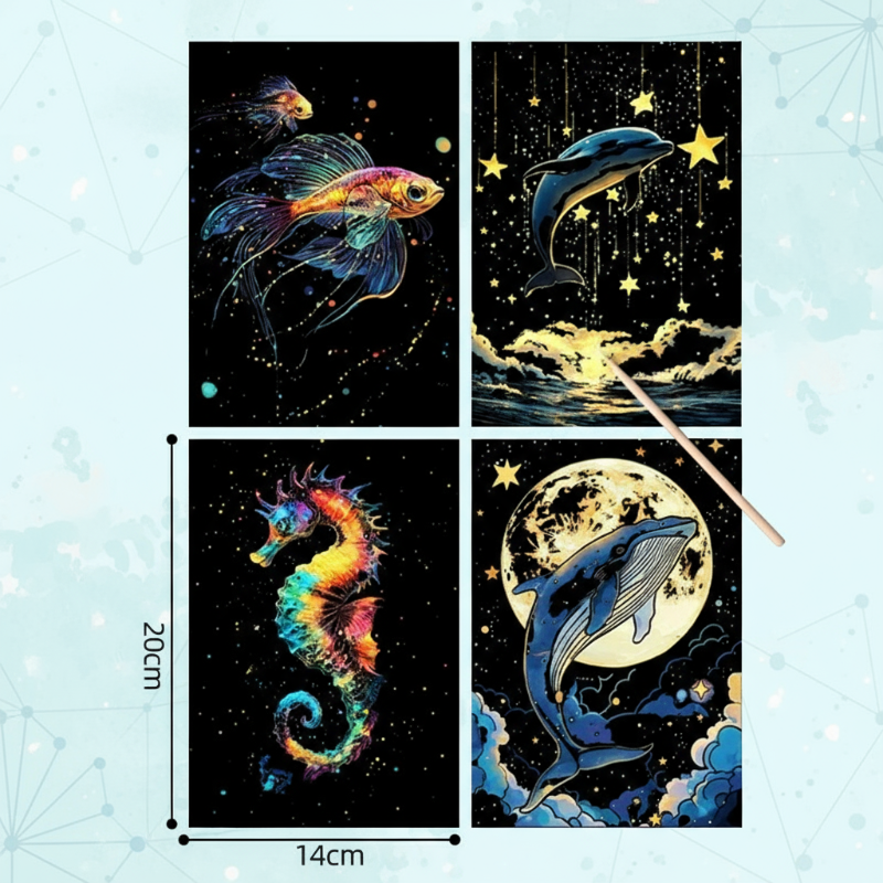 Ocean scratch-card set with turtle, dolphin, seahorse, and whale designs