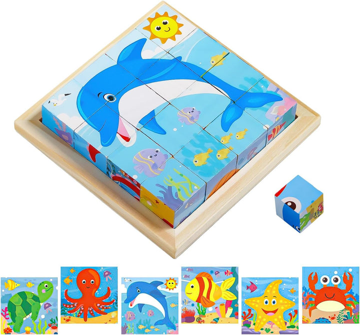Ocean wooden block puzzle showing a dolphin, with a loose cube and six sea-life pictures below.