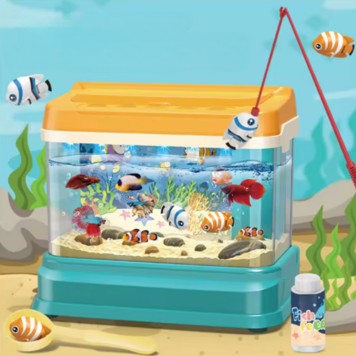 Colorful aquarium fishing game with a yellow lid, teal base, magnetic rod, and fishing net