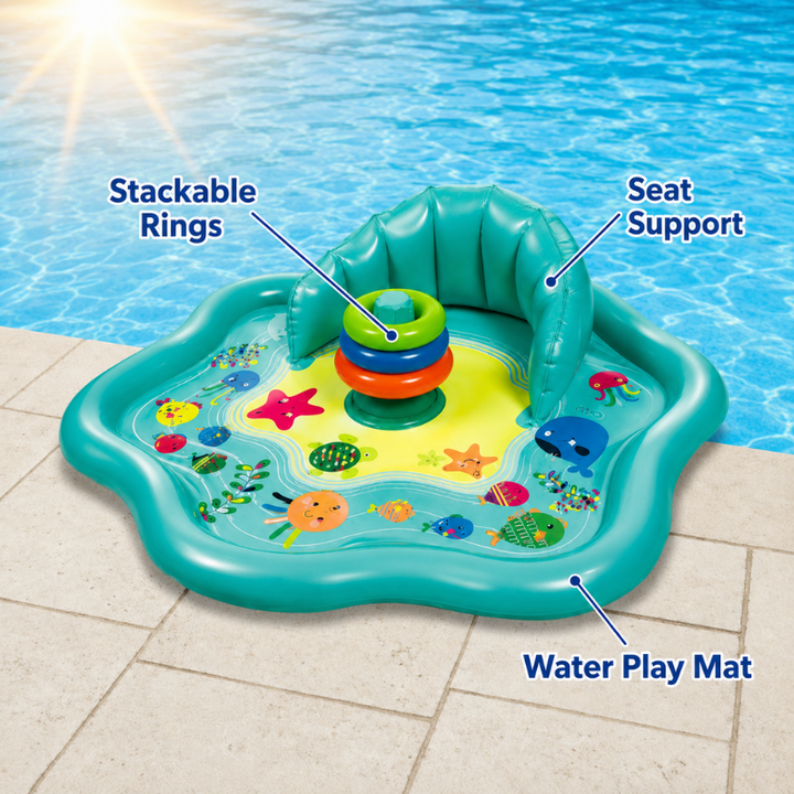 Ocean-themed baby pool beside a swimming pool, showing stacking rings, a backrest and inflatable sides