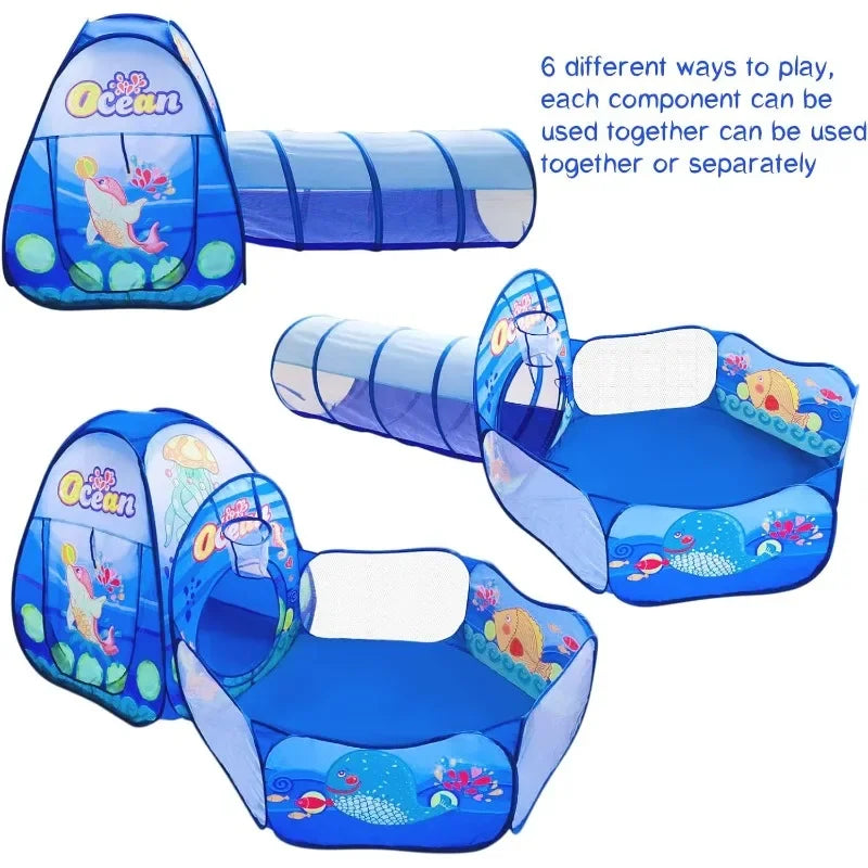 Ocean-print tent, crawl tunnel, and ball pit shown in three connected arrangements