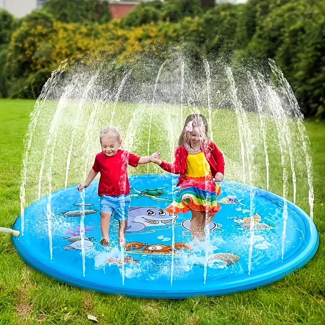 Two children playing in a blue sea animal sprinkler mat on a lawn