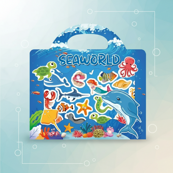 Ocean-themed sticker book with dolphins, fish, an octopus, and a built-in carry handle.