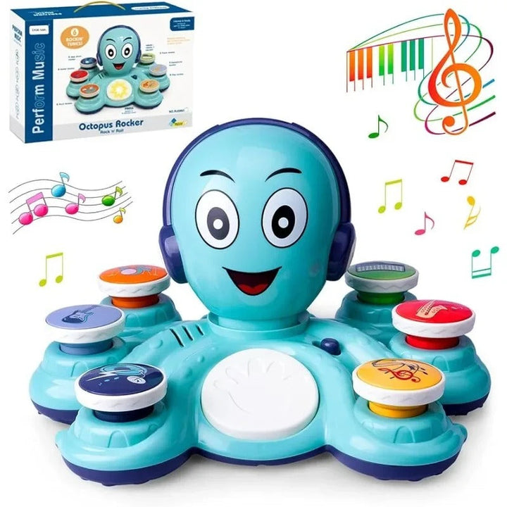 Blue octopus music toy displayed with its retail box and musical-note graphics.