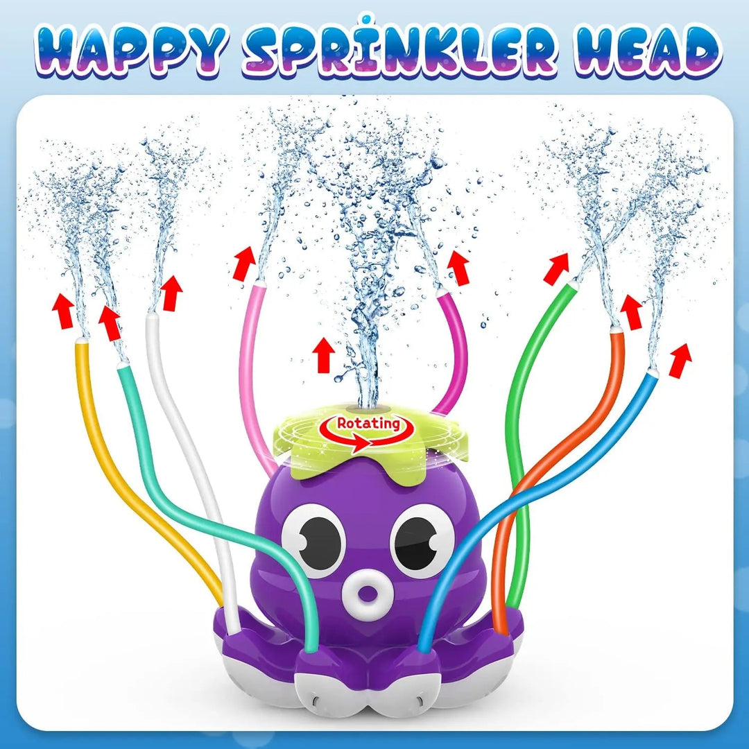 Purple octopus sprinkler showing water spraying from colorful tubes and a rotating top