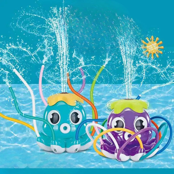 Blue and purple octopus sprinklers with colorful tubes shown spraying water