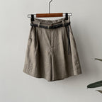Olaine — Lightweight High - Waisted Linen Shorts with Braided Belt (Gray XS) - | Zavonix