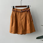 Olaine — Lightweight High - Waisted Linen Shorts with Braided Belt (Orange XS) - | Zavonix