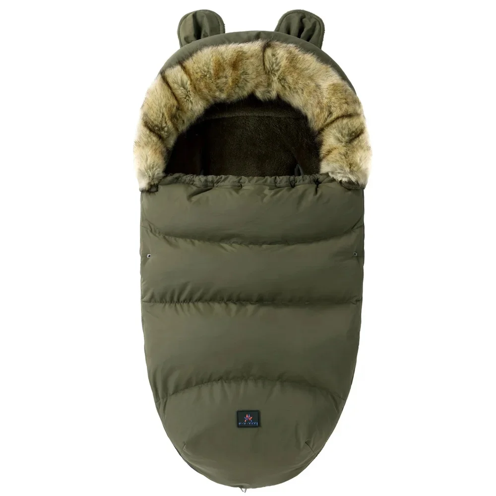 Olive green quilted stroller footmuff with faux fur trim and matching ears