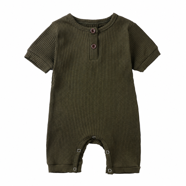 Olive green cotton baby romper with ribbed texture and snaps along the leg openings