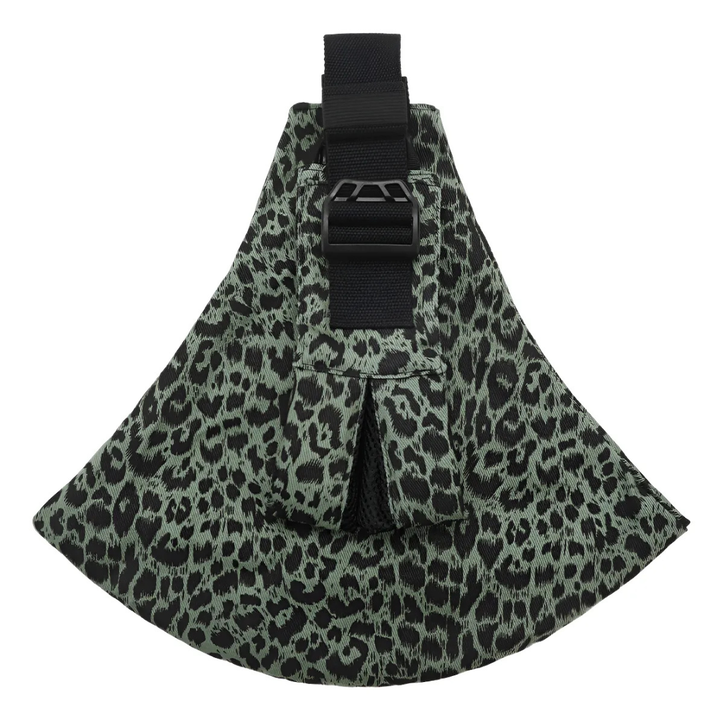 Olive green leopard-print hip carrier with a black buckle and strap