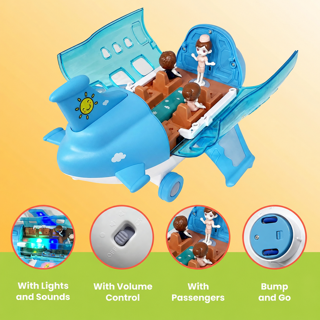Open blue toy airplane with graphics showing lights, sounds, volume control and bump-and-go action
