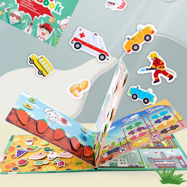 Open learning book surrounded by vehicle and food picture pieces