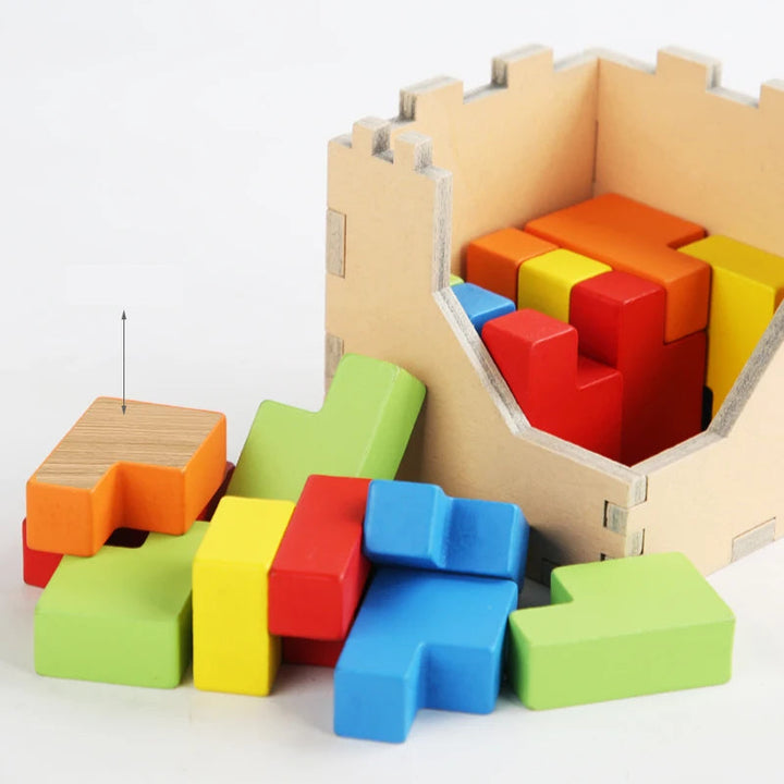 Open wooden cube frame with colorful blocks inside and loose shaped pieces in front