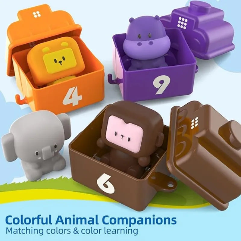 Animal figures inside open orange, purple, and brown numbered train cars