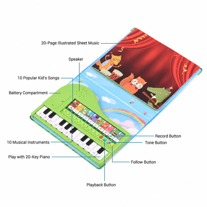 Open piano book with illustrated sheet music, 20 keys, and labeled song and instrument controls