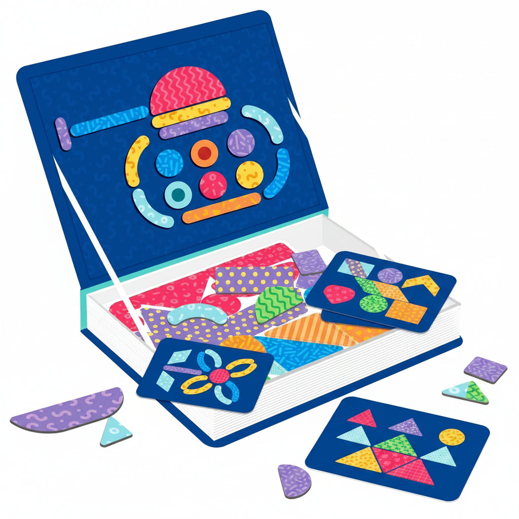 Open magnetic shapes puzzle book with a robot design, loose pieces, and pattern cards