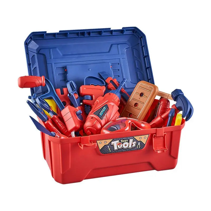 Open red toolbox holding a toy drill, hand tools, and a mini workbench
