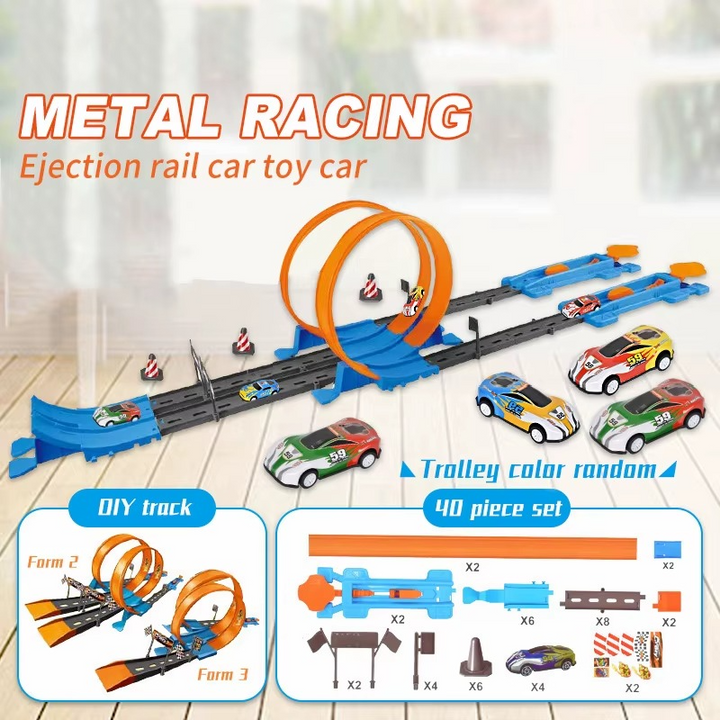 Orange-loop 40-piece track set with layout examples and an illustrated parts list.