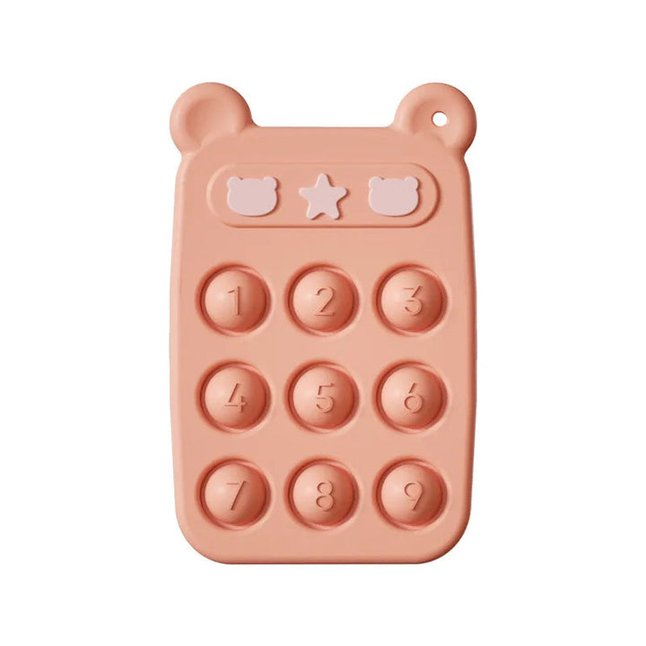 Orange silicone teething phone with nine numbered buttons and bear-ear corners